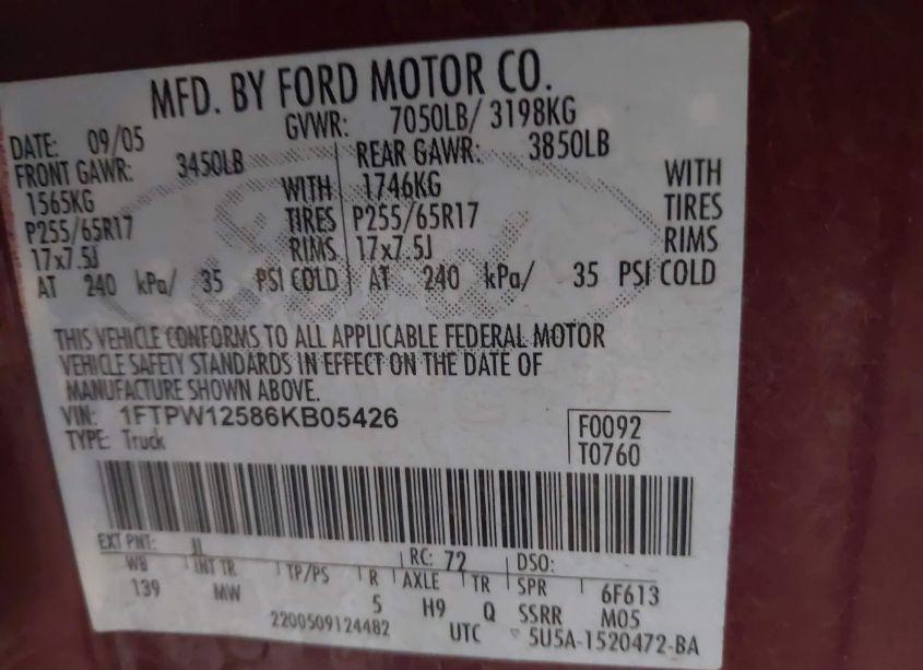 Photo 9 of 2006 Ford F-150 LARIAT/XLT (VIN 1FTPW12586KB05426)