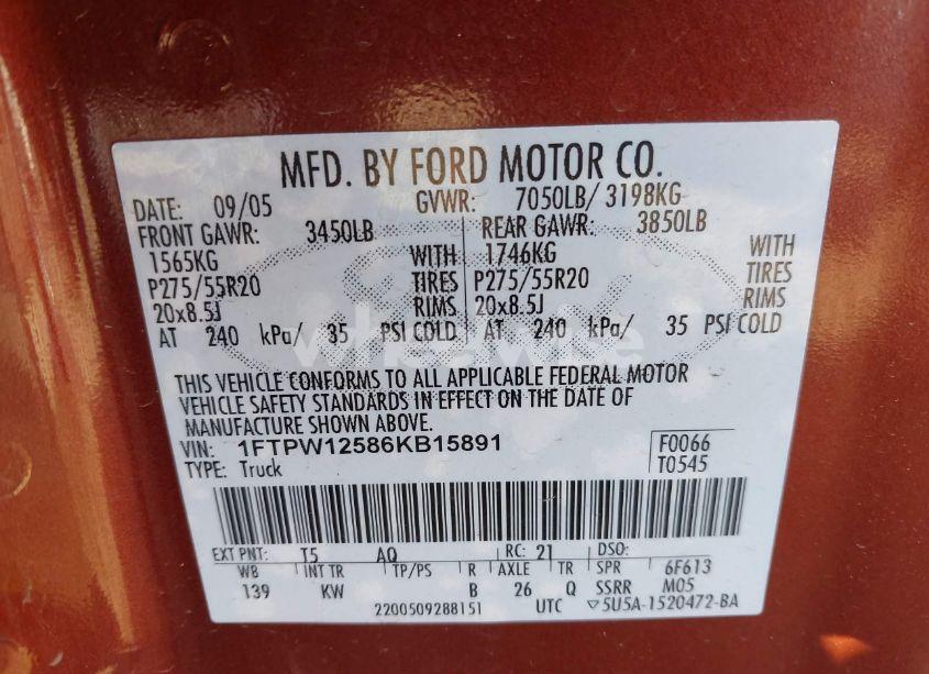 Photo 9 of 2006 Ford F-150 LARIAT/XLT (VIN 1FTPW12586KB15891)