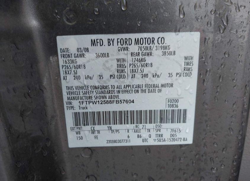 Photo 9 of 2008 Ford F-150 60TH ANNIVERSARY/FX2/KING RANCH/LARIAT/LIMITED/XLT (VIN 1FTPW12588FB57604)