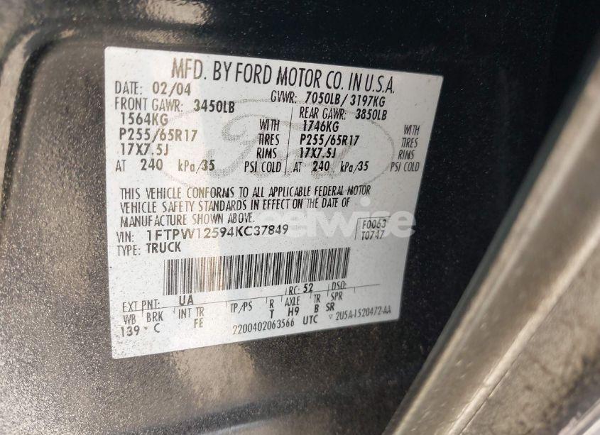 Photo 9 of 2004 Ford F-150 LARIAT/XLT (VIN 1FTPW12594KC37849)