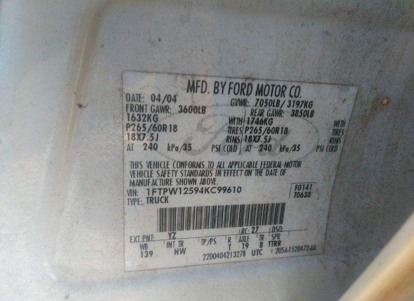 Photo 9 of 2004 Ford F-150 LARIAT/XLT (VIN 1FTPW12594KC99610)