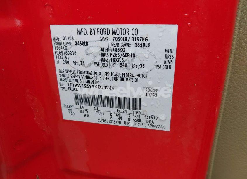 Photo 9 of 2005 Ford F-150 LARIAT/XLT (VIN 1FTPW12595KD34244)