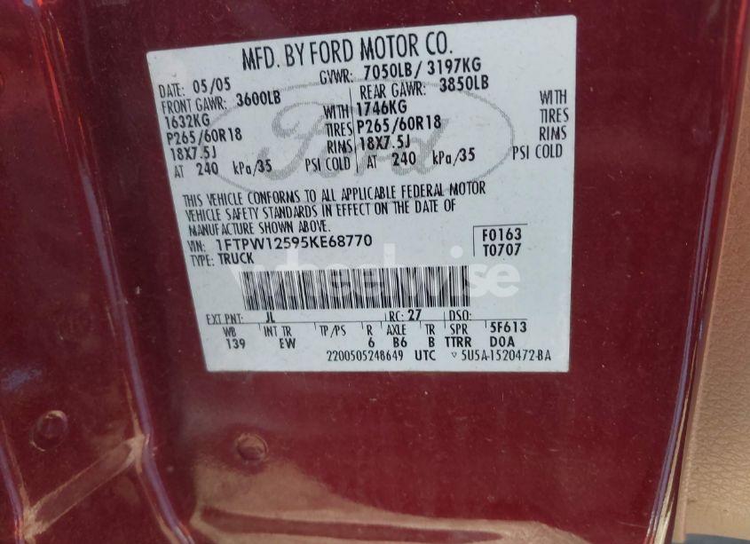 Photo 9 of 2005 Ford F-150 LARIAT/XLT (VIN 1FTPW12595KE68770)