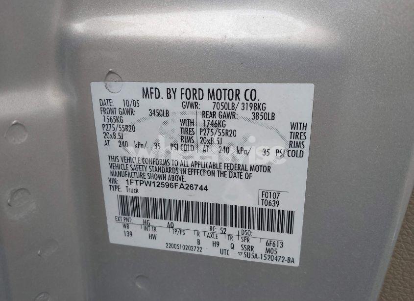 Photo 9 of 2006 Ford F-150 LARIAT/XLT (VIN 1FTPW12596FA26744)