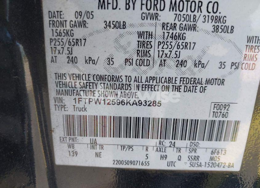 Photo 9 of 2006 Ford F-150 LARIAT/XLT (VIN 1FTPW12596KA93285)