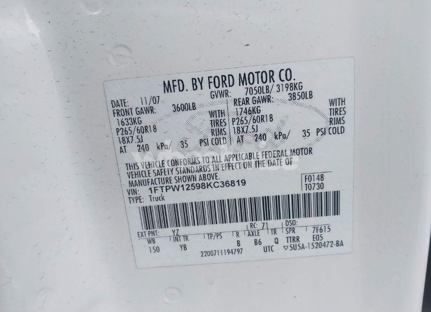 Photo 9 of 2008 Ford F-150 60TH ANNIVERSARY/FX2/KING RANCH/LARIAT/LIMITED/XLT (VIN 1FTPW12598KC36819)