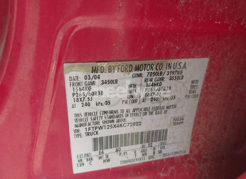 Photo 9 of 2004 Ford F-150 LARIAT/XLT (VIN 1FTPW125X4KC72822)