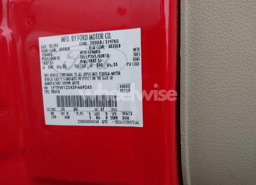 Photo 9 of 2005 Ford F-150 LARIAT/XLT (VIN 1FTPW125X5FA69245)