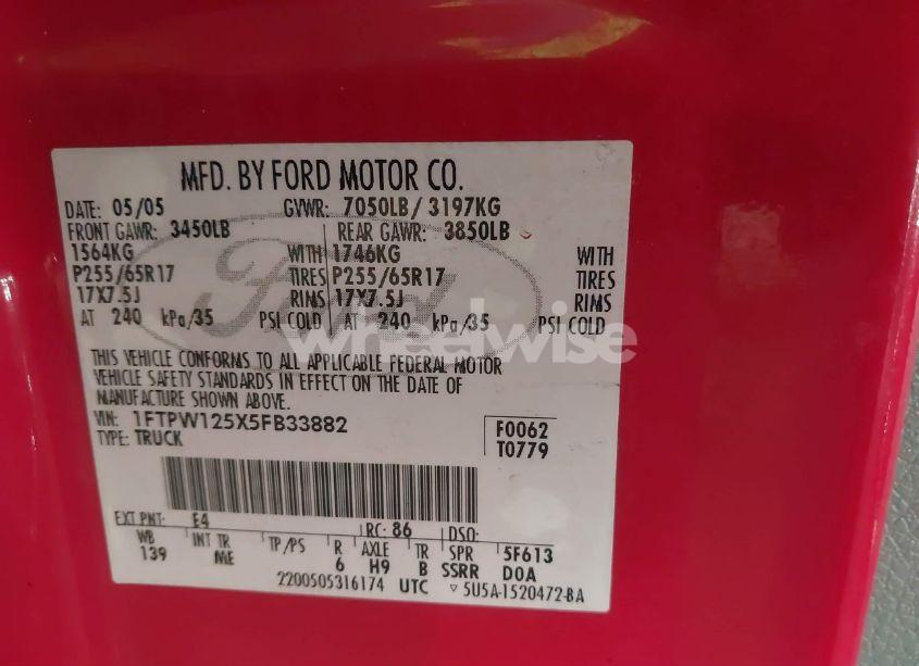 Photo 9 of 2005 Ford F-150 LARIAT/XLT (VIN 1FTPW125X5FB33882)