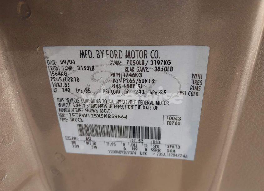 Photo 9 of 2005 Ford F-150 LARIAT/XLT (VIN 1FTPW125X5KB59664)