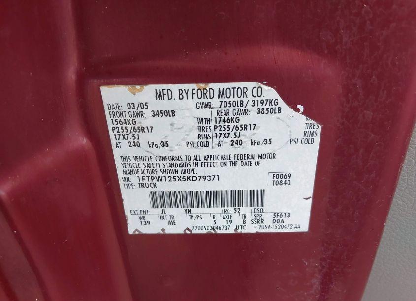 Photo 9 of 2005 Ford F-150 LARIAT/XLT (VIN 1FTPW125X5KD79371)