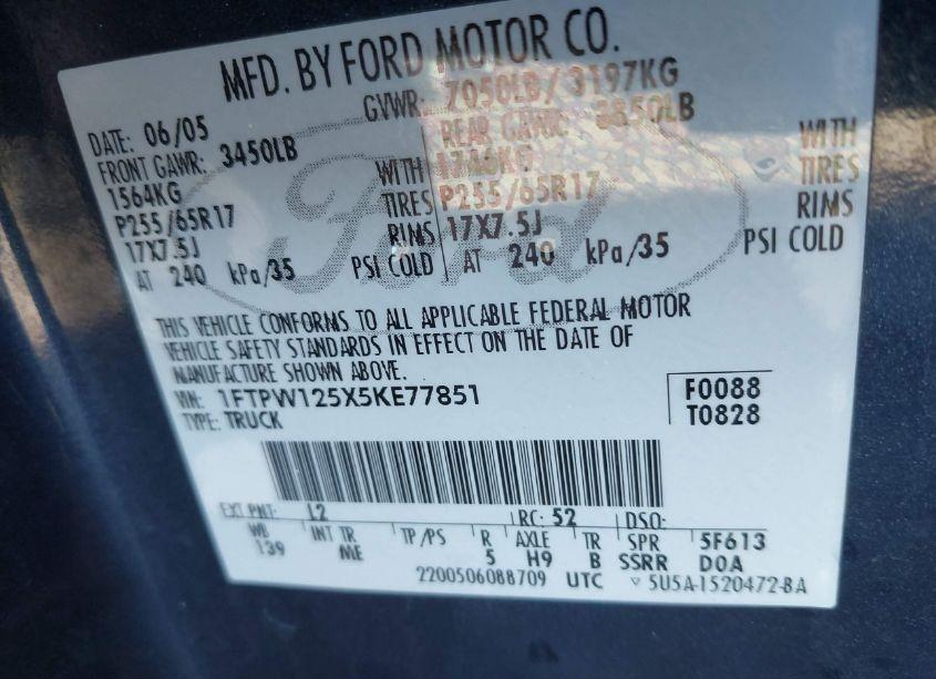 Photo 9 of 2005 Ford F-150 LARIAT/XLT (VIN 1FTPW125X5KE77851)