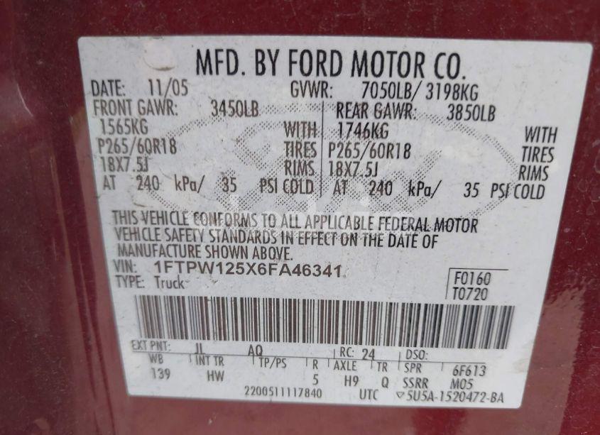 Photo 9 of 2006 Ford F-150 LARIAT/XLT (VIN 1FTPW125X6FA46341)