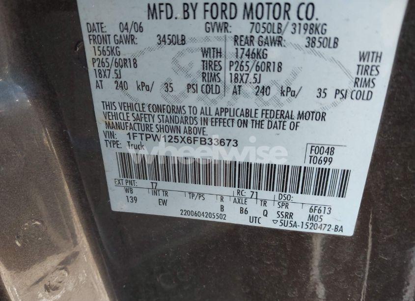Photo 9 of 2006 Ford F-150 LARIAT/XLT (VIN 1FTPW125X6FB33673)
