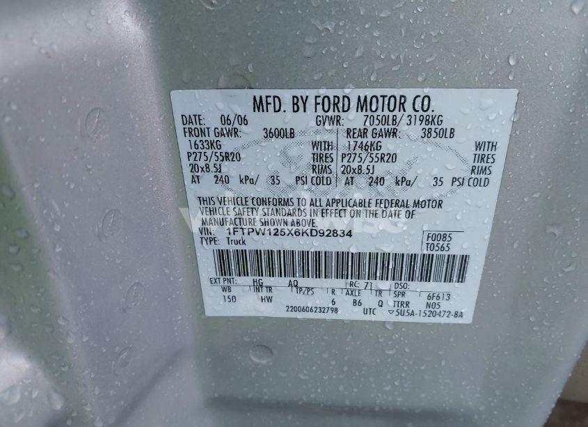 Photo 9 of 2006 Ford F-150 LARIAT/XLT (VIN 1FTPW125X6KD92834)