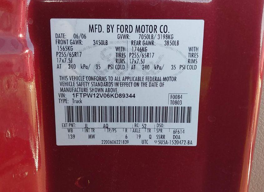 Photo 9 of 2006 Ford F-150 LARIAT/XLT (VIN 1FTPW12V06KD89344)