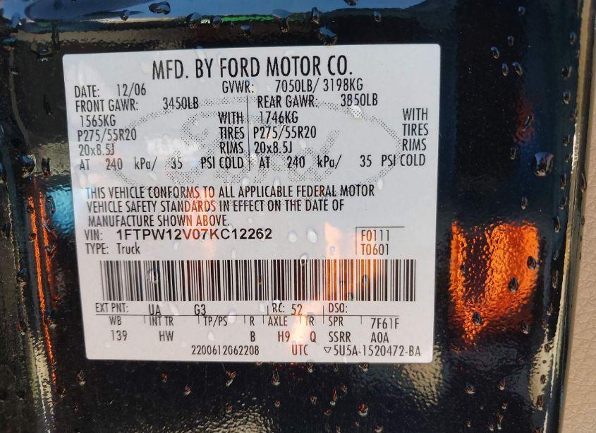 Photo 9 of 2007 Ford F-150 LARIAT/XLT (VIN 1FTPW12V07KC12262)