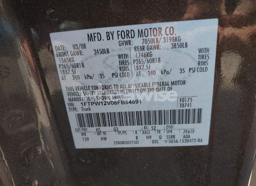 Photo 9 of 2008 Ford F-150 (VIN 1FTPW12V08FB54891)