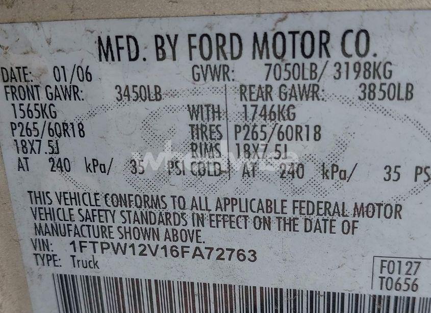 Photo 9 of 2006 Ford F-150 LARIAT/XLT (VIN 1FTPW12V16FA72763)