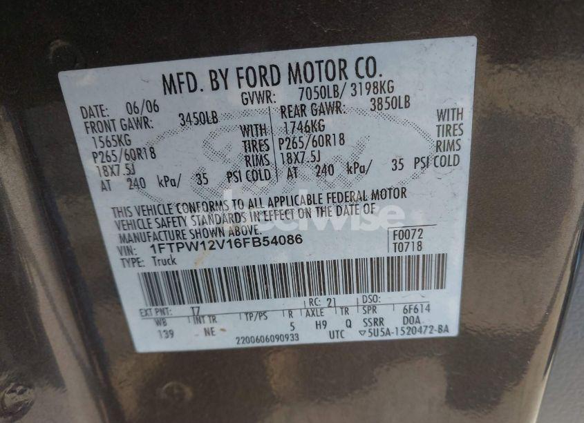 Photo 9 of 2006 Ford F-150 LARIAT/XLT (VIN 1FTPW12V16FB54086)