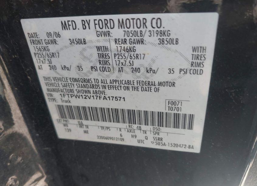 Photo 9 of 2007 Ford F-150 LARIAT/XLT (VIN 1FTPW12V17FA17571)