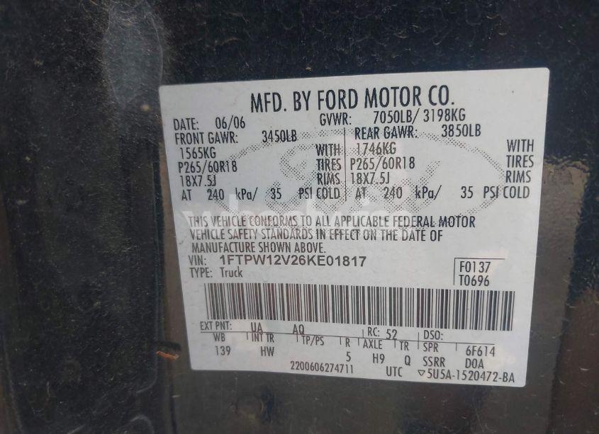 Photo 9 of 2006 Ford F-150 LARIAT/XLT (VIN 1FTPW12V26KE01817)