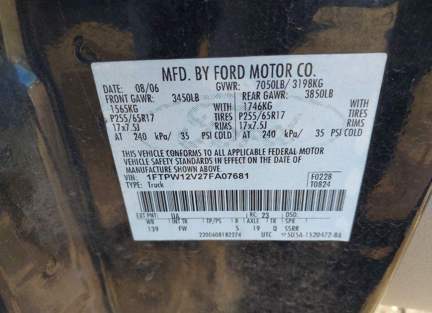 Photo 9 of 2007 Ford F-150 LARIAT/XLT (VIN 1FTPW12V27FA07681)