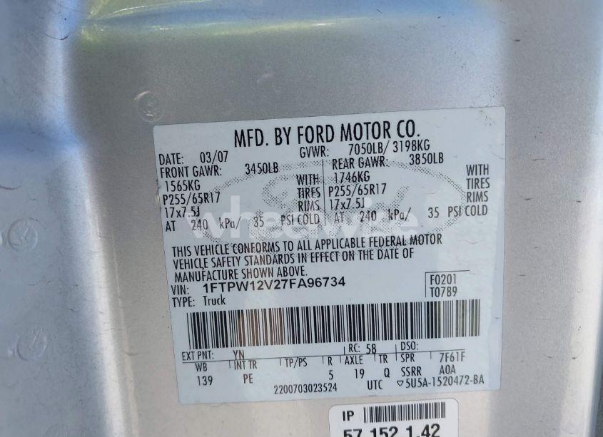 Photo 9 of 2007 Ford F-150 LARIAT/XLT (VIN 1FTPW12V27FA96734)