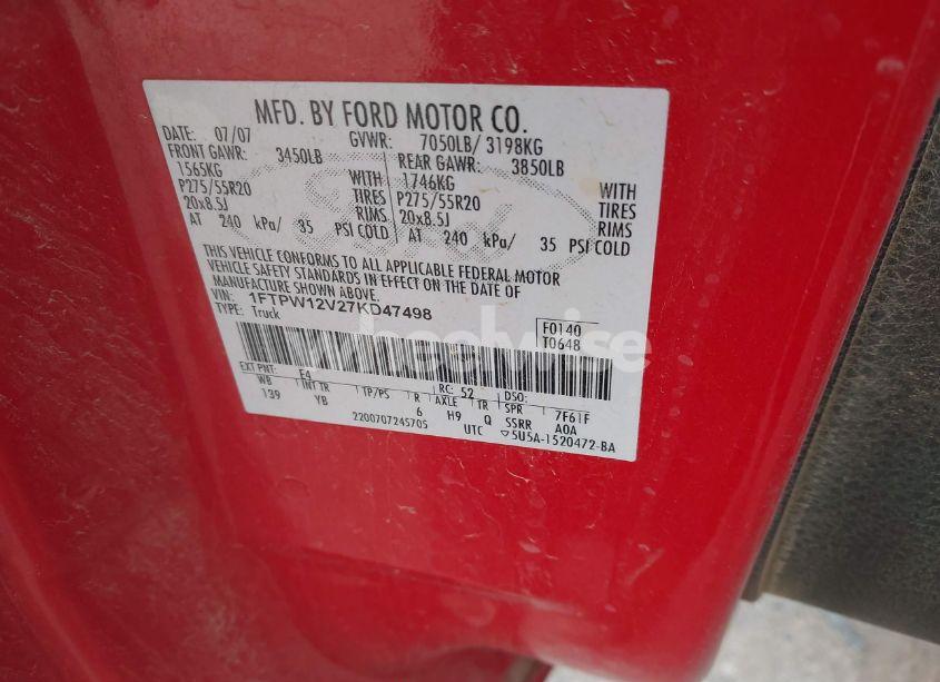 Photo 9 of 2007 Ford F-150 LARIAT/XLT (VIN 1FTPW12V27KD47498)