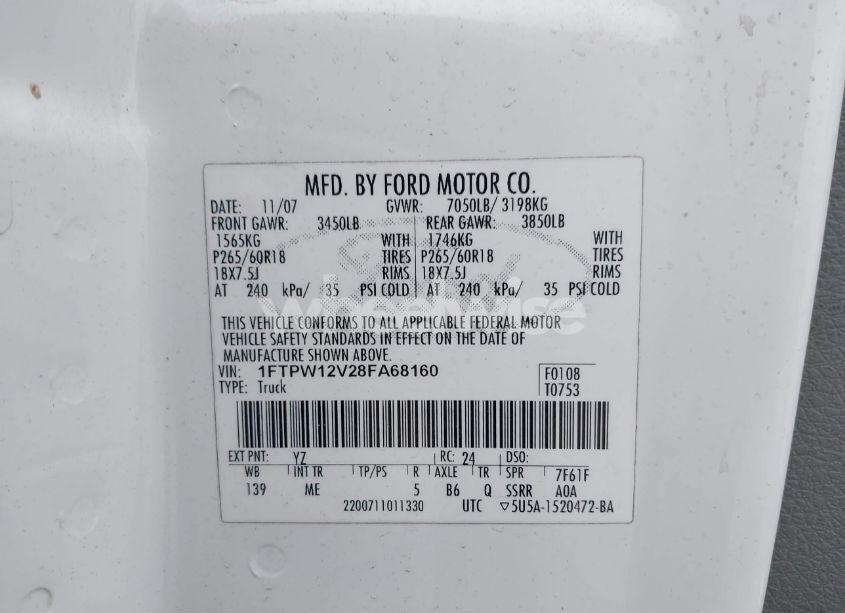 Photo 9 of 2008 Ford F-150 60TH ANNIVERSARY/FX2/KING RANCH/LARIAT/XLT (VIN 1FTPW12V28FA68160)