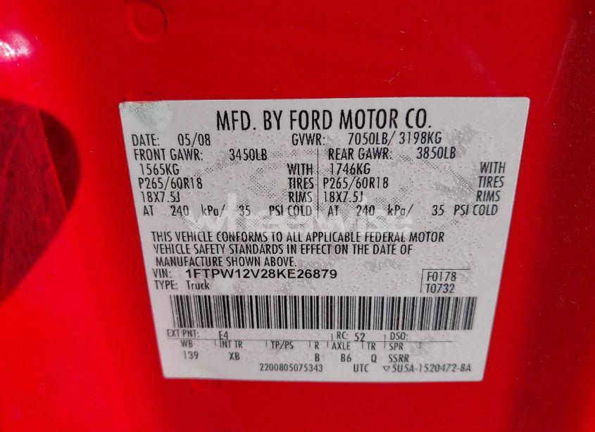 Photo 9 of 2008 Ford F-150 60TH ANNIVERSARY/FX2/KING RANCH/LARIAT/XLT (VIN 1FTPW12V28KE26879)