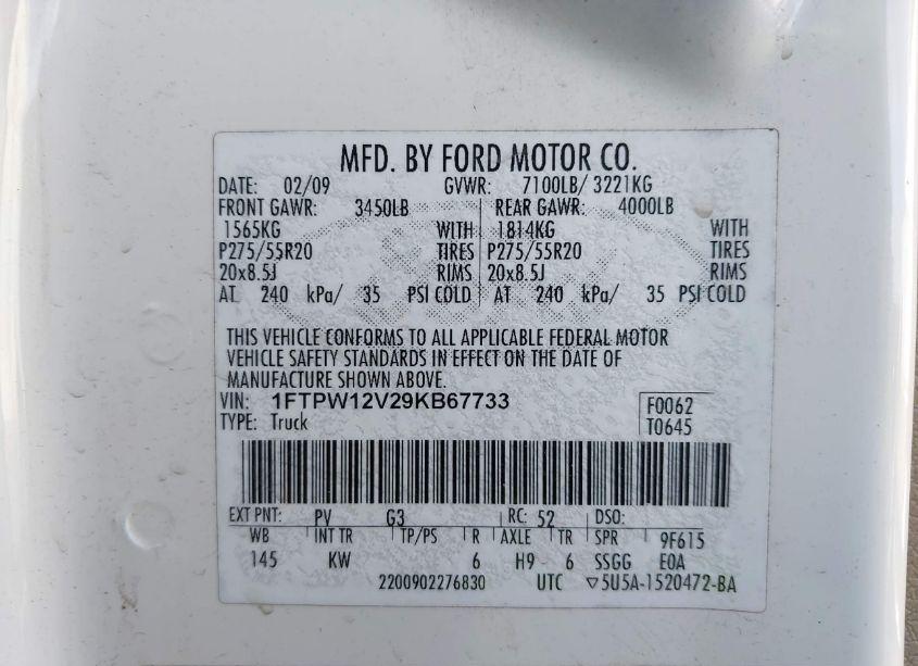 Photo 9 of 2009 Ford F-150 KING RANCH/LARIAT/PLATINUM/XL/XLT (VIN 1FTPW12V29KB67733)