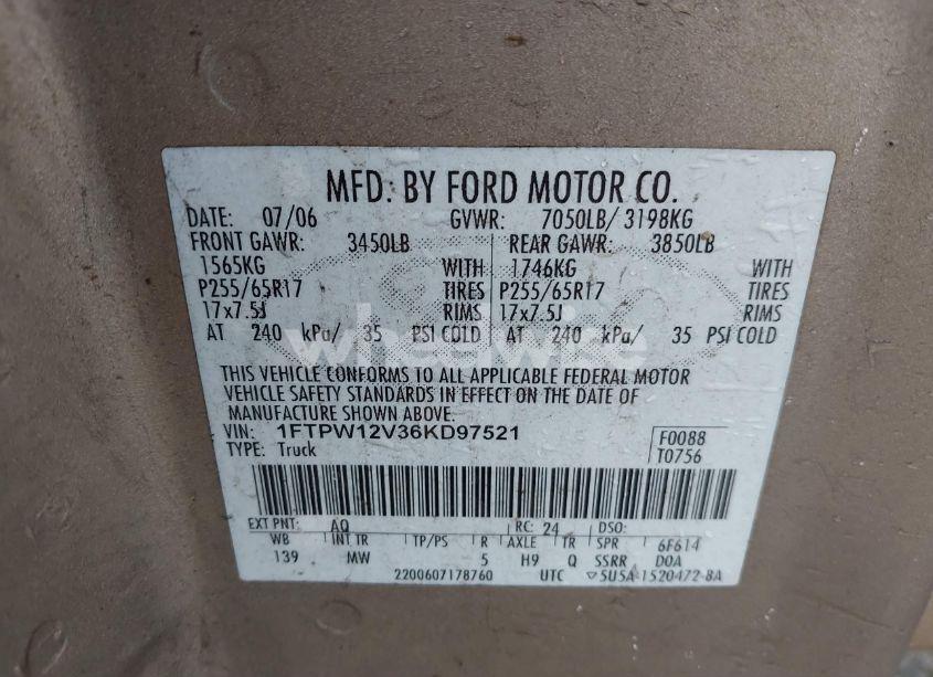 Photo 9 of 2006 Ford F-150 LARIAT/XLT (VIN 1FTPW12V36KD97521)