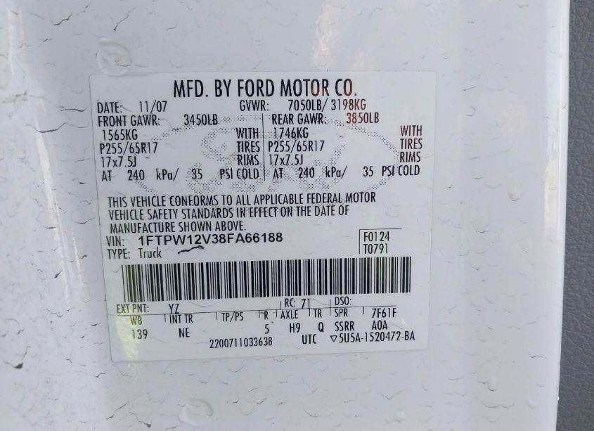 Photo 9 of 2008 Ford F-150 60TH ANNIVERSARY/FX2/KING RANCH/LARIAT/XLT (VIN 1FTPW12V38FA66188)