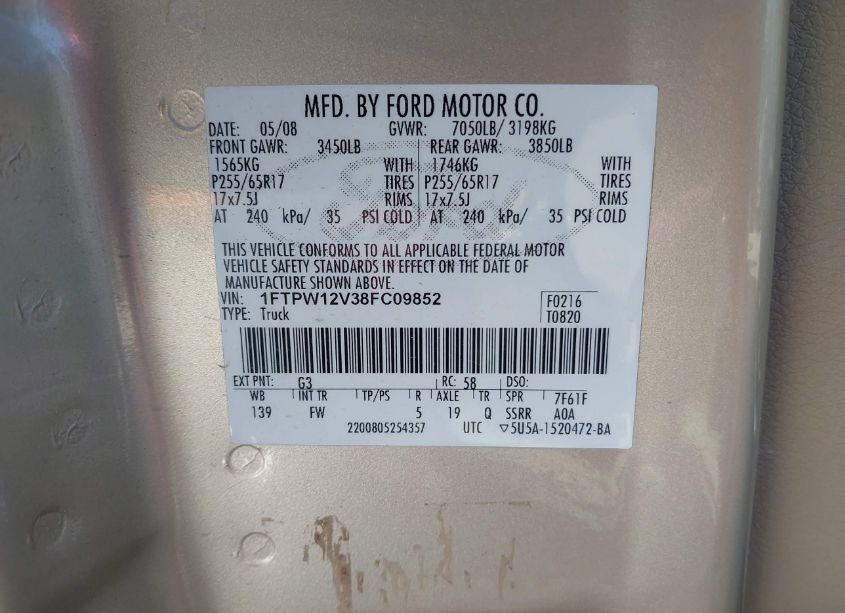 Photo 9 of 2008 Ford F-150 60TH ANNIVERSARY/FX2/KING RANCH/LARIAT/XLT (VIN 1FTPW12V38FC09852)