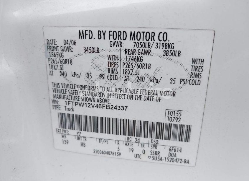 Photo 9 of 2006 Ford F-150 LARIAT/XLT (VIN 1FTPW12V46FB24337)