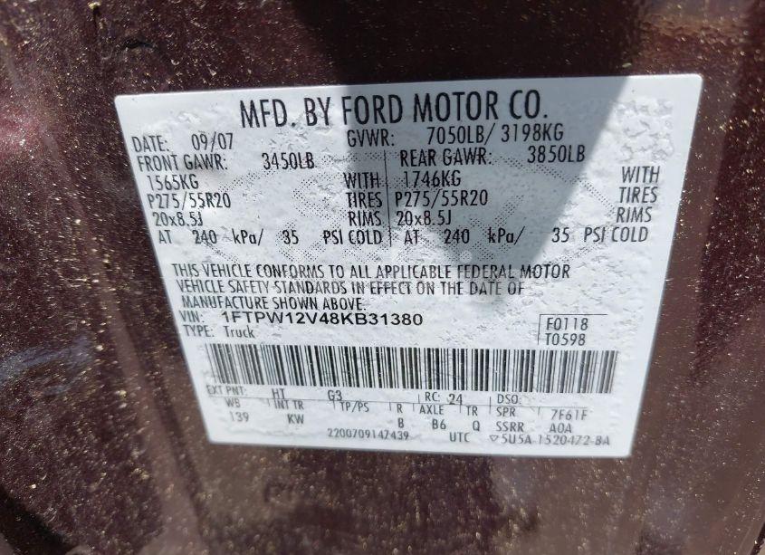 Photo 9 of 2008 Ford F-150 KING RANCH (VIN 1FTPW12V48KB31380)