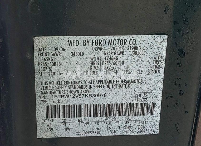 Photo 9 of 2007 Ford F-150 LARIAT/XLT (VIN 1FTPW12V57KB30978)