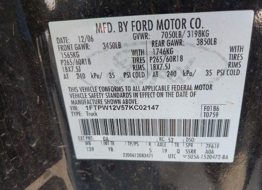 Photo 9 of 2007 Ford F-150 LARIAT/XLT (VIN 1FTPW12V57KC02147)