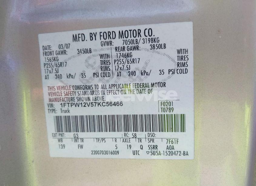 Photo 9 of 2007 Ford F-150 LARIAT/XLT (VIN 1FTPW12V57KC56466)