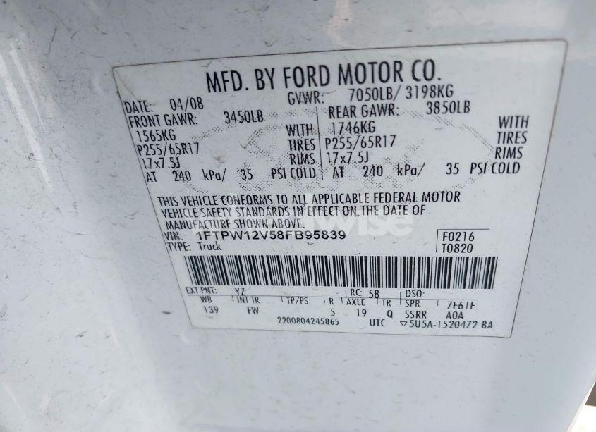 Photo 9 of 2008 Ford F-150 60TH ANNIVERSARY/FX2/KING RANCH/LARIAT/XLT (VIN 1FTPW12V58FB95839)