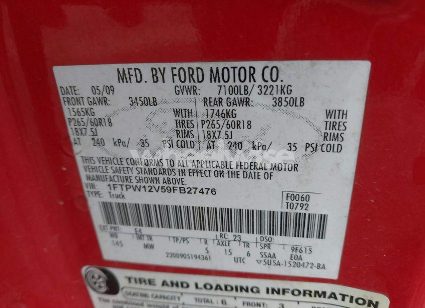 Photo 9 of 2009 Ford F-150 KING RANCH/LARIAT/PLATINUM/XL/XLT (VIN 1FTPW12V59FB27476)