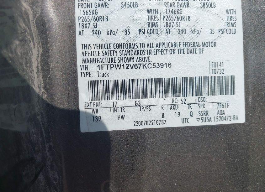 Photo 9 of 2007 Ford F-150 LARIAT/XLT (VIN 1FTPW12V67KC53916)