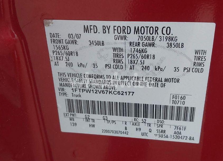 Photo 9 of 2007 Ford F-150 LARIAT/XLT (VIN 1FTPW12V67KC62177)