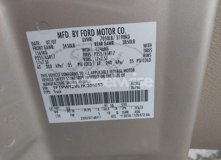 Photo 9 of 2007 Ford F-150 LARIAT/XLT (VIN 1FTPW12V67KD36553)