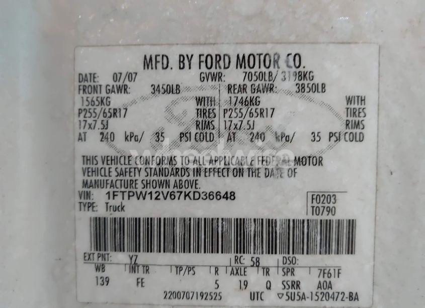 Photo 9 of 2007 Ford F-150 LARIAT/XLT (VIN 1FTPW12V67KD36648)