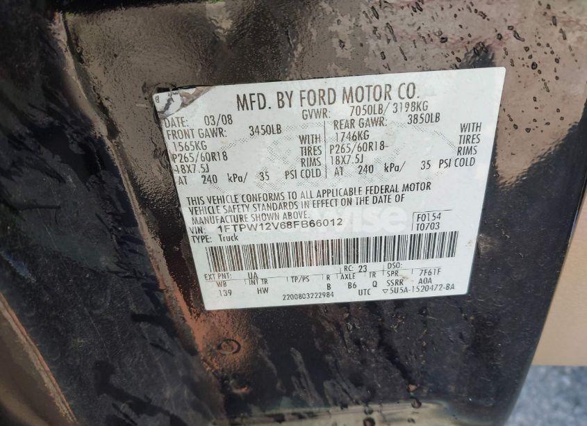 Photo 9 of 2008 Ford F-150 60TH ANNIVERSARY/FX2/KING RANCH/LARIAT/XLT (VIN 1FTPW12V68FB66012)