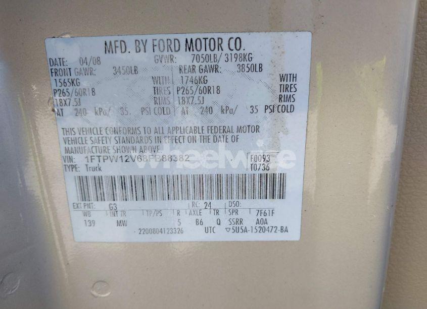 Photo 9 of 2008 Ford F150 SUPERCREW (VIN 1FTPW12V68FB88382)