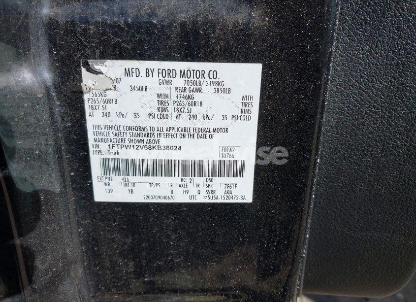 Photo 9 of 2008 Ford F-150 60TH ANNIVERSARY/FX2/KING RANCH/LARIAT/XLT (VIN 1FTPW12V68KB38024)