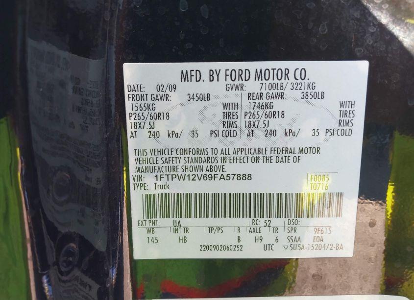 Photo 9 of 2009 Ford F-150 KING RANCH/LARIAT/PLATINUM/XL/XLT (VIN 1FTPW12V69FA57888)